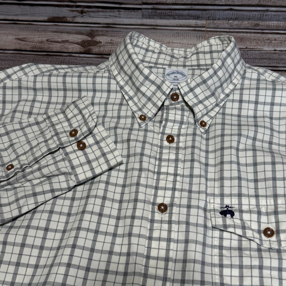 Brooks Brothers Button Down Shirt Mens‎ XL White Gray Check Long Sleeve Logo